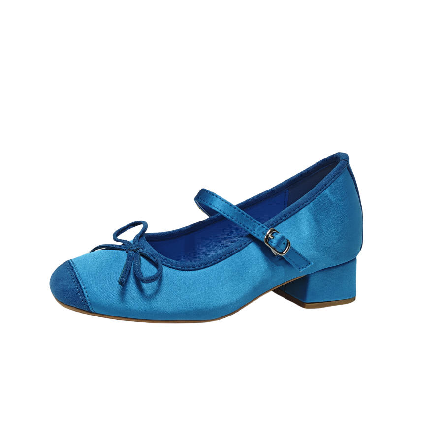 QING MISS Satin Chunky Heel Mary Jane Shoes Women's Blue