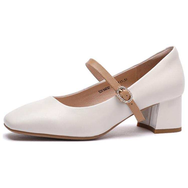 Satchi Cow Leather Chunky Heel Mary Jane Shoes 5CM Women's Ecru