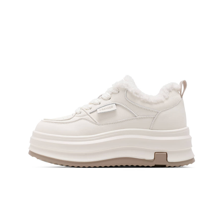 C°BANNER Fleece Lined Thermal, Preppy Style, Versatile, Casual White Sneakers Low top Skateboard Shoes Women's