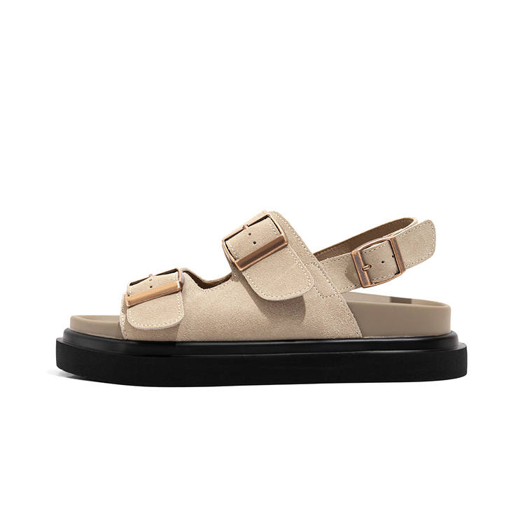 LAOMIAO Cow Split Leather Beach Sandals 4.8cm Women's Khaki
