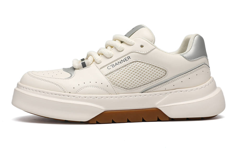C°BANNER Leather Low top Skateboard Shoes Men's White Silver