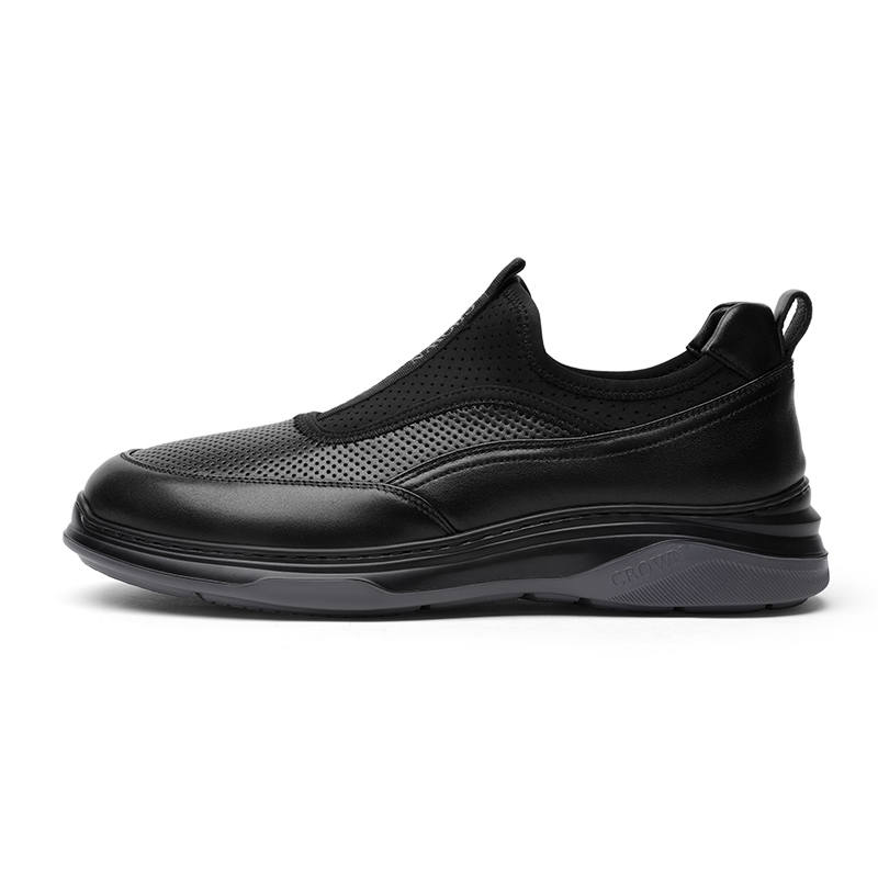 CROWN Textile, Top Grain Cow Leather Low top Sports Casual Shoes Men's Black