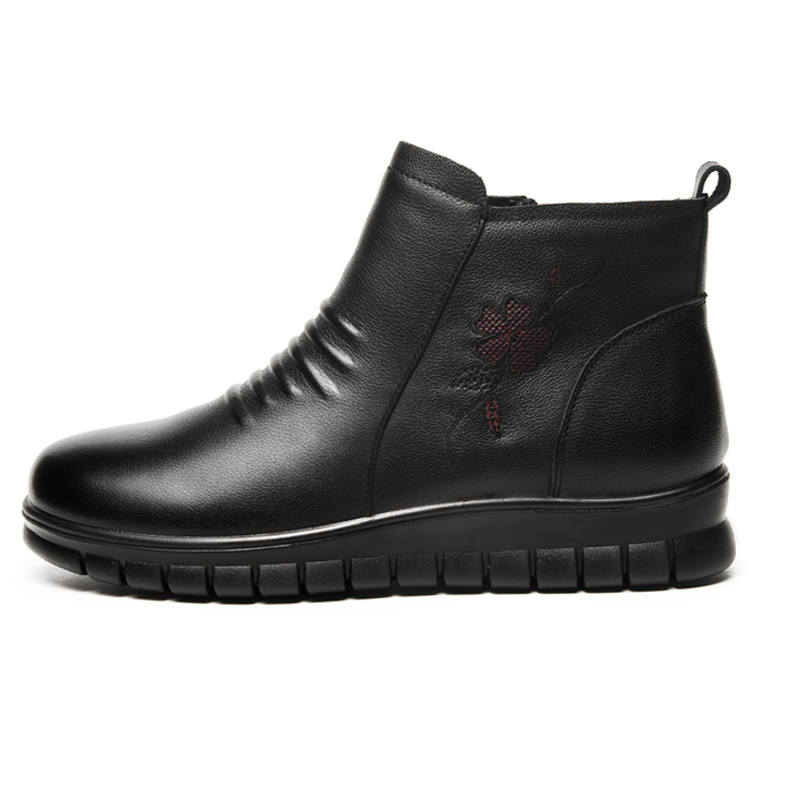 AOKANG Cow Leather Fleece Lined Thermal High Top Insulated Casual Shoes Ankle Boots Women's Black
