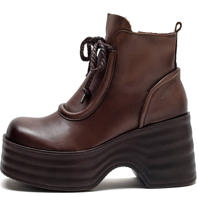 JIEZHOU Top Grain Cow Leather Vintage, Fleece Lined, Platform Ankle Boots 7cm Women's