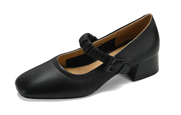 BETSY Sheepskin Chunky Heel Mary Jane Shoes 4cm Women's Black