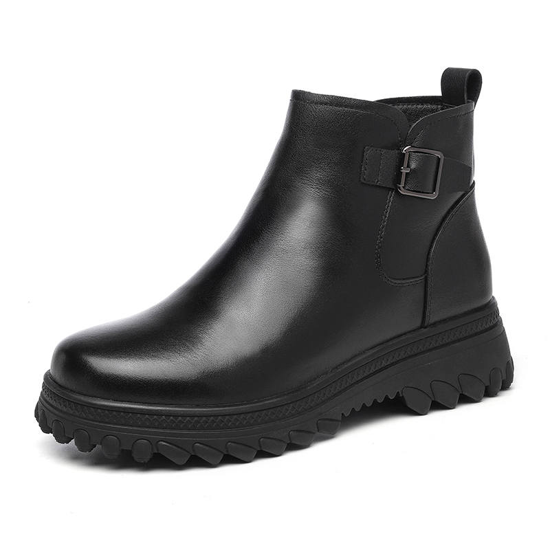 XINNUO Cow Leather Casual Comfortable Fleece Lined Ankle Boots Women's Black