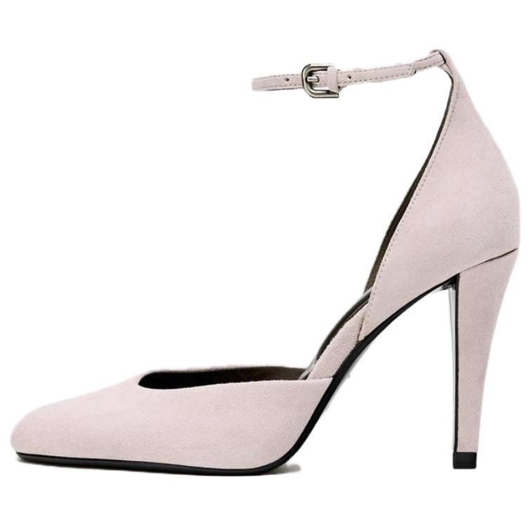ZARA Sheepskin Chunky Heel High Heels 9.5cm Women's Rose Red