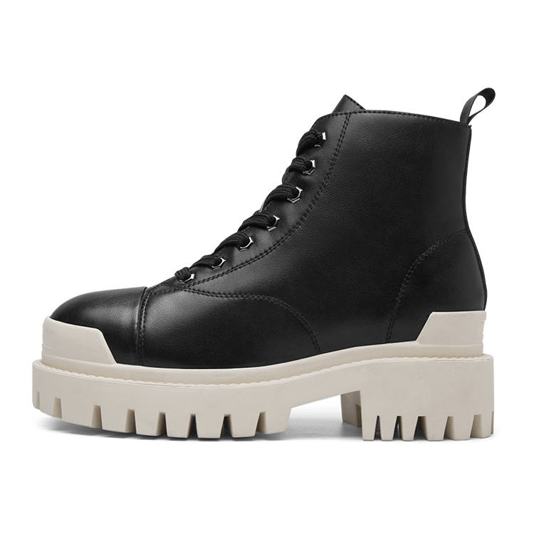 He Jinchang Cow Leather Short Combat Boots 8CM Women's Black