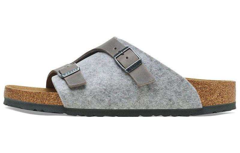Birkenstock Leather Slide Slippers Unisex Light Gray Regular