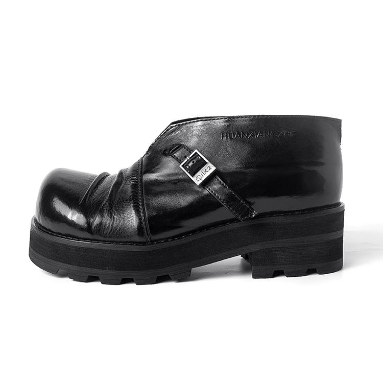 HUANXIANGZHE Original Design Round Tip Derby Shoes Platform Height Increasing Leather Shoes Men's Black