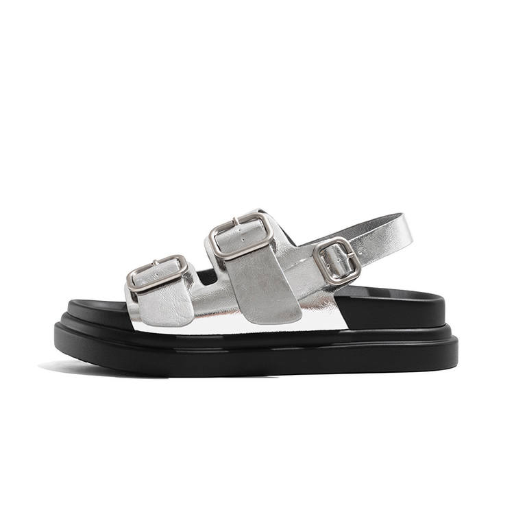 LAOMIAO Cow Split Leather One Strap Sandals 4.5cm Women's Silver