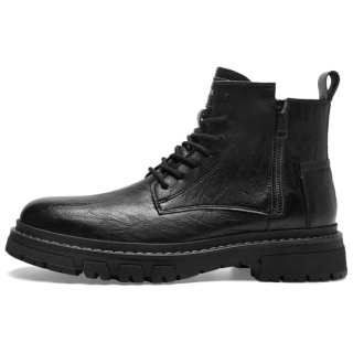 Cabbeen Vintage Fleece Lined Lace Up Platform Embossed Comfortable Ankle Boots, Fall Travel Men's Black