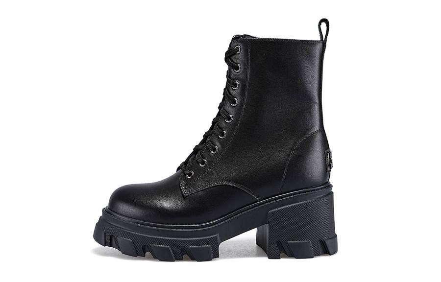 Iijin Cow Leather Short Combat Boots 10cm Women's Black