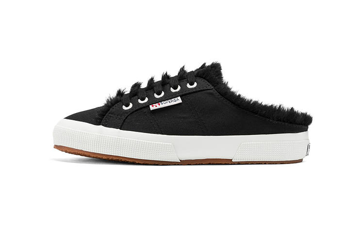 SUPERGA Fleece Lined Fuzzy Thermal Mules Flat Slide Slippers Women's Black
