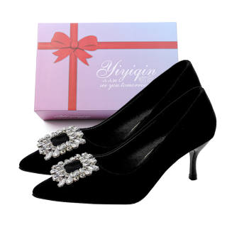 YIYIQIN Microfiber Leather Slim Heel High Heels 6CM Women's Black Gift Box Set