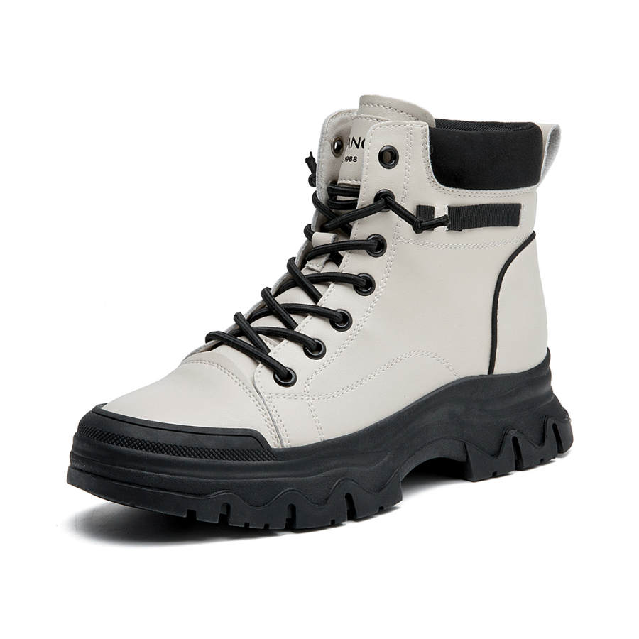 AOKANG PU Short Combat Boots 5.2cm Women's Beige Black