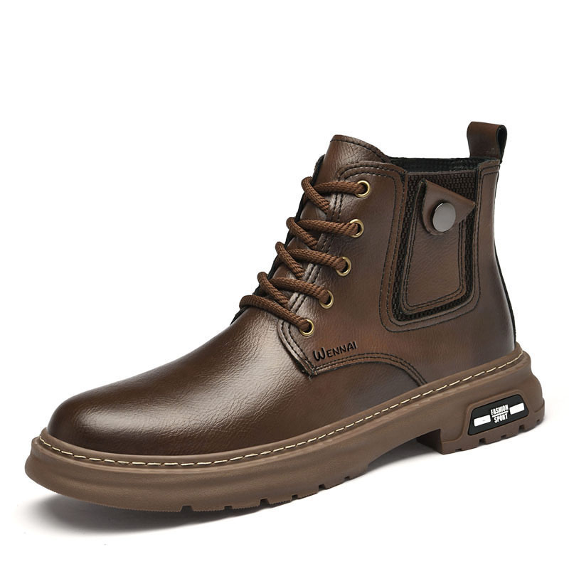 WENNAI Top Grain Cow Leather Short Combat Boots Men's Brown