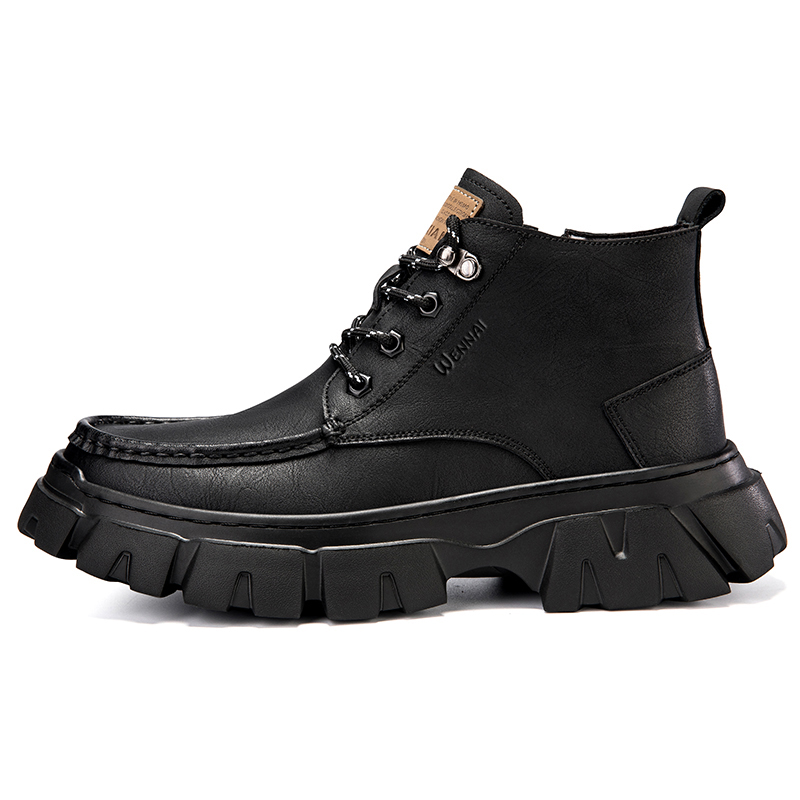 WENNAI Top Grain Cow Leather Short Combat Boots Men's Black