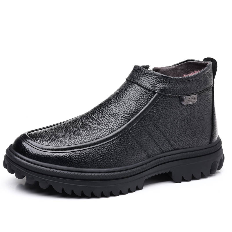 PLO CART Cow Leather Fleece Lined Thermal Comfortable Ankle Boots Men's Black