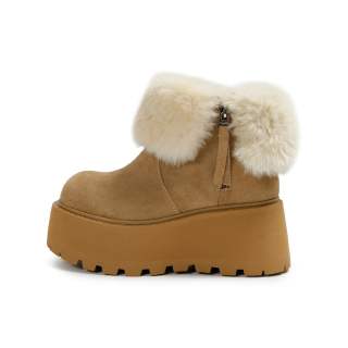 BOJUEMAO Cow Suede Short Snow Boots Women's Chestnut