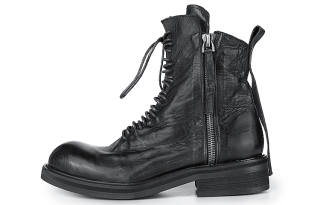 HUANXIANGZHE Combat Boots Original Design, Platform High Top Round Tip Genuine Leather Zipper Unisex Black