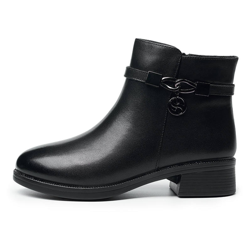 AOKANG Cow Leather Winter Fleece Lined Thermal Ankle Boots 4cm Chunky Heel Women's Black