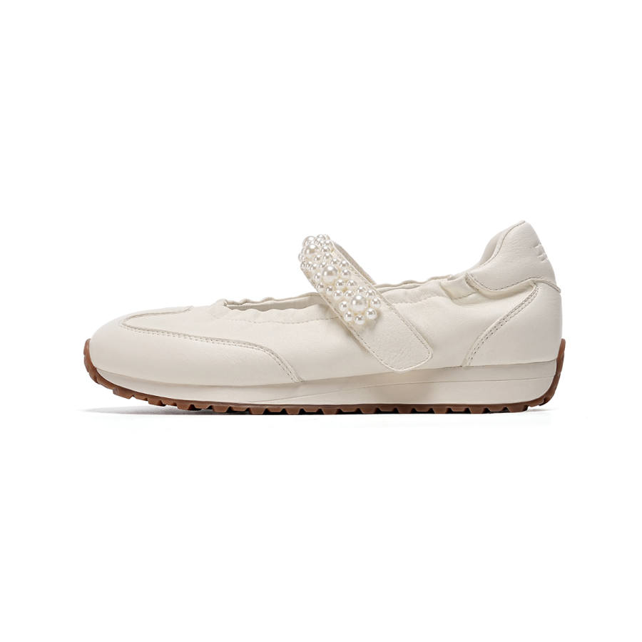 EBLAN Top Grain Cow Leather Flat Mary Jane Shoes Women's Beige