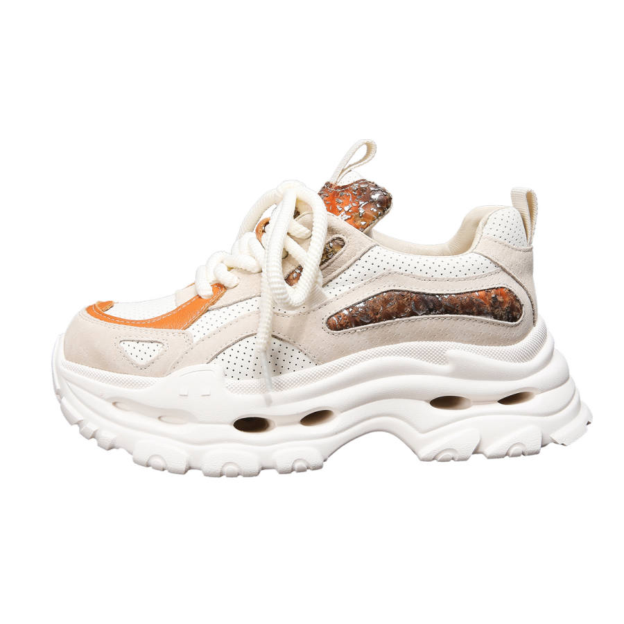 Forest Princess Top Grain Cow Leather Breathable Low top Chunky Sneakers Women's Ecru With Orange