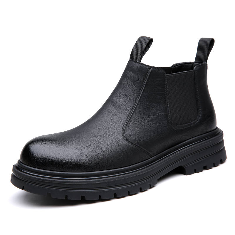 CITONGXIANSHENG Cow Split Leather Ankle Length Chelsea Boots Men's Black