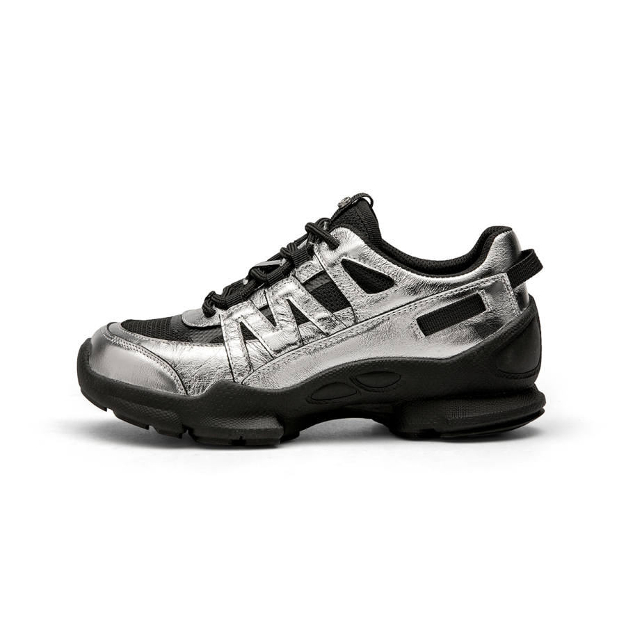GOLDLION Cow Leather Slip Resistant, Abrasion Resistant, Breathable Low top Chunky Sneakers Women's Silver