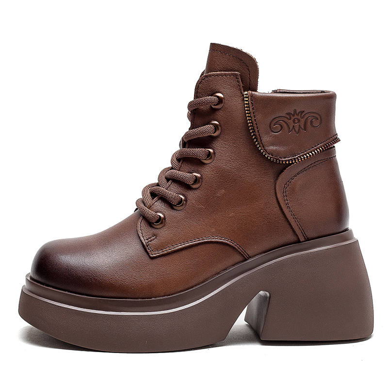 MATA Top Grain Cow Leather Short Combat Boots 7.5cm Women's