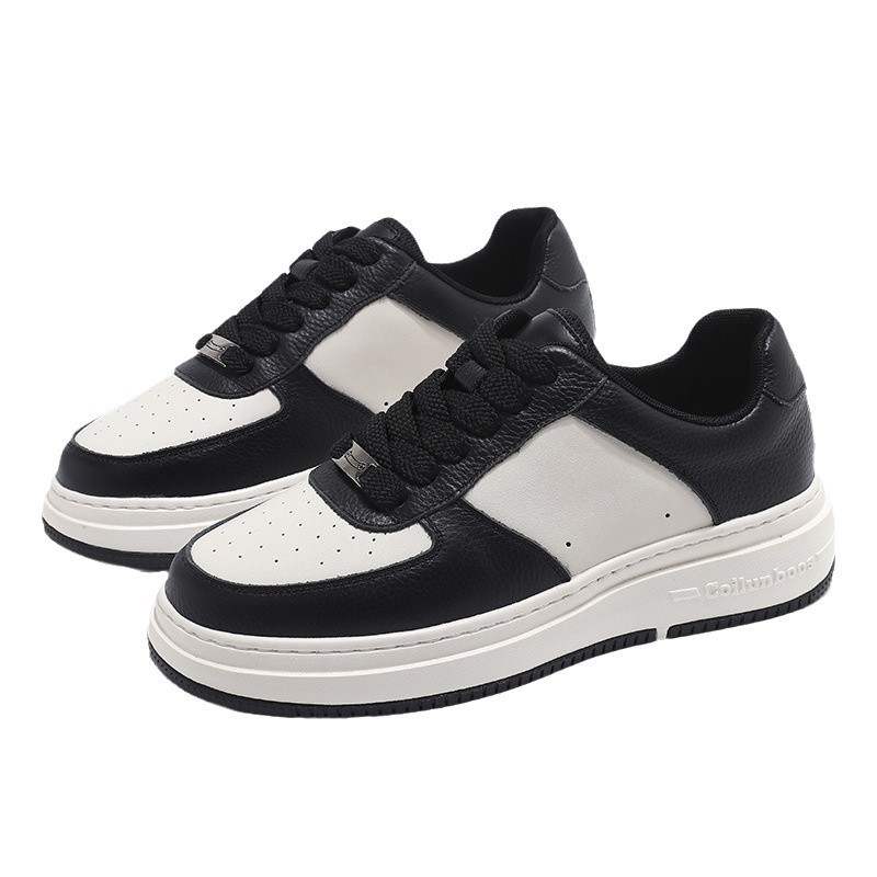 LUNMADENG Cow Split Leather Abrasion Resistant Slip Resistant Low top Skateboard Shoes Men's Black White