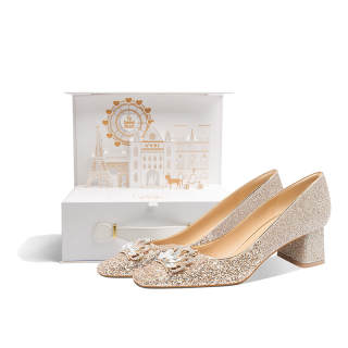 VVKI Sparkling Rhinestone Crown Chunky Heel High Heels Women's Champagne Gold