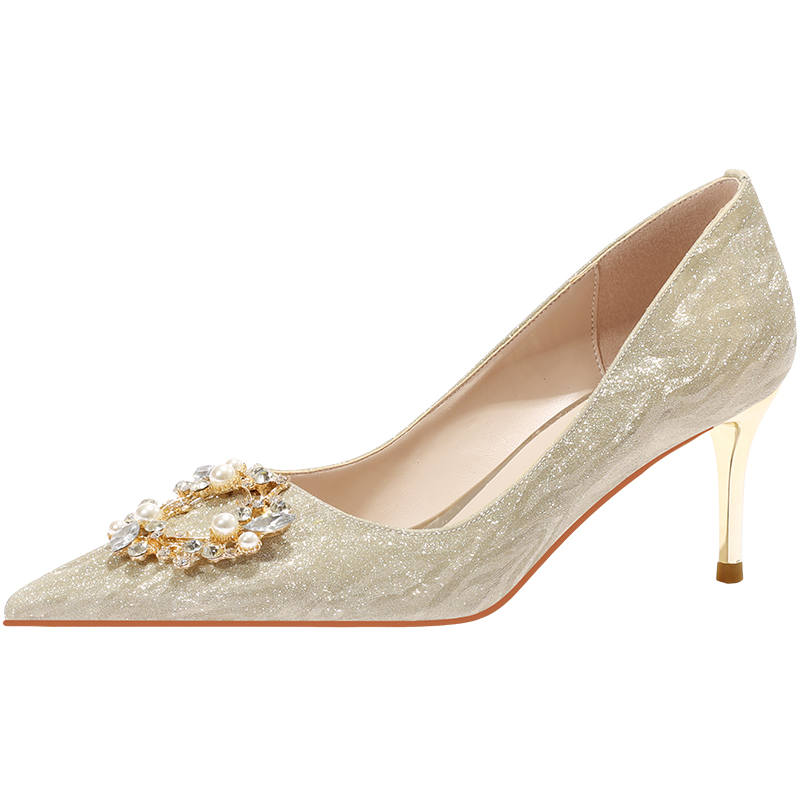 LANMOU Shinny Leather Slim Heel High Heels 6.5cm Women's Gold