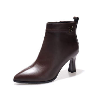 Devanro Sheepskin Pointed Toe Chunky Heel Fashion Side Zipper Versatile Fleece Lined Thermal High Heel Genuine Leather