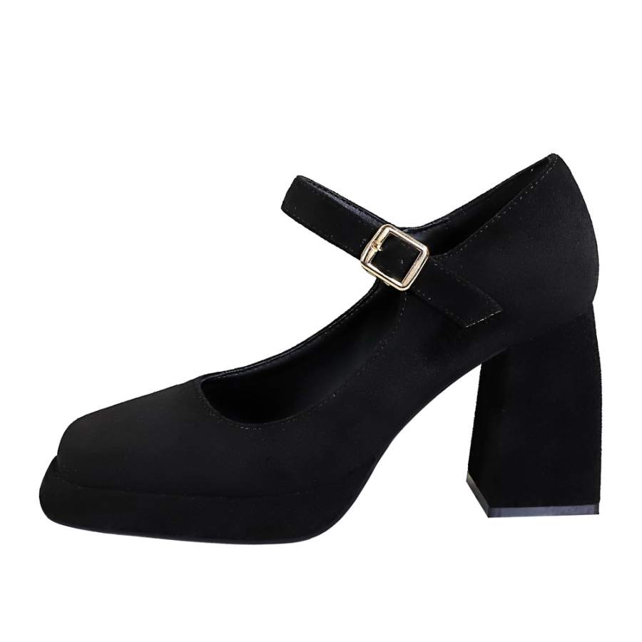 QITUMAUL Suede Chunky Heel Mary Jane Shoes 9cm Women's
