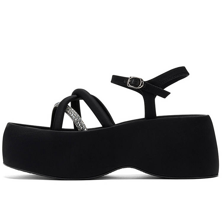 GG-CC GG CC Minimalist Style Height Increasing Rhinestone One Strap Sandals Women's Black