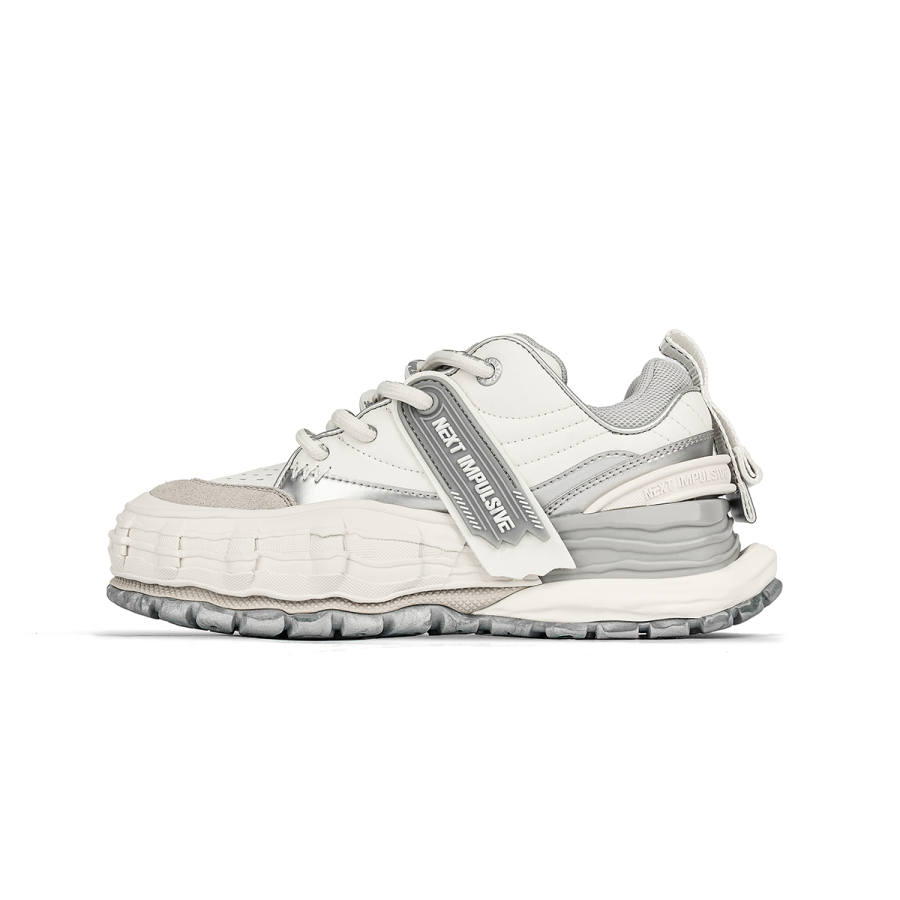 NEXT IMPULSIVE Wave Collection Mesh, Cow Leather Stylish Skateboarding Shoes Unisex Silver White