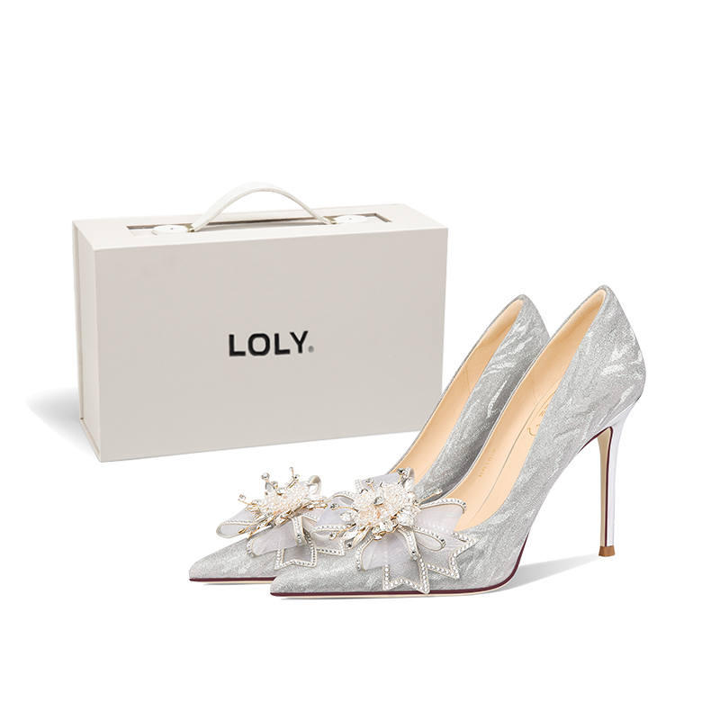 LOLY Crystal Shoes French Wedding Shoes Summer Artificial Leather Slim Heel Everyday Fashion Versatile Women's White