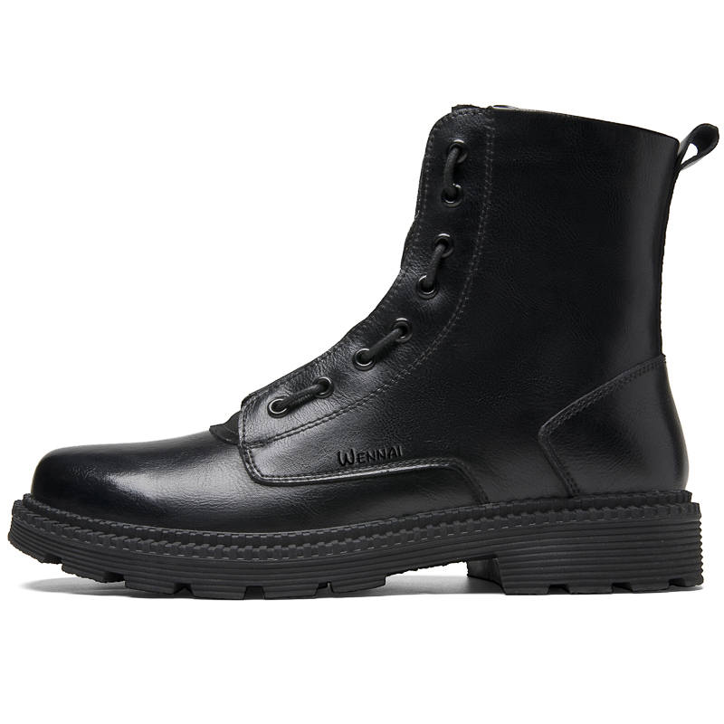 WENNAI Top Grain Cow Leather Short Combat Boots Men's Black