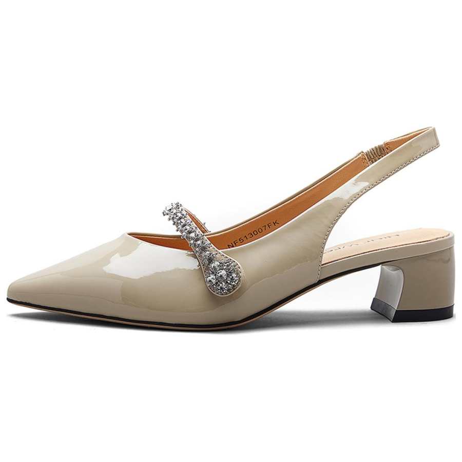 NINE WEST Cow Leather Chunky Heel High Heels 5CM Women's Khaki