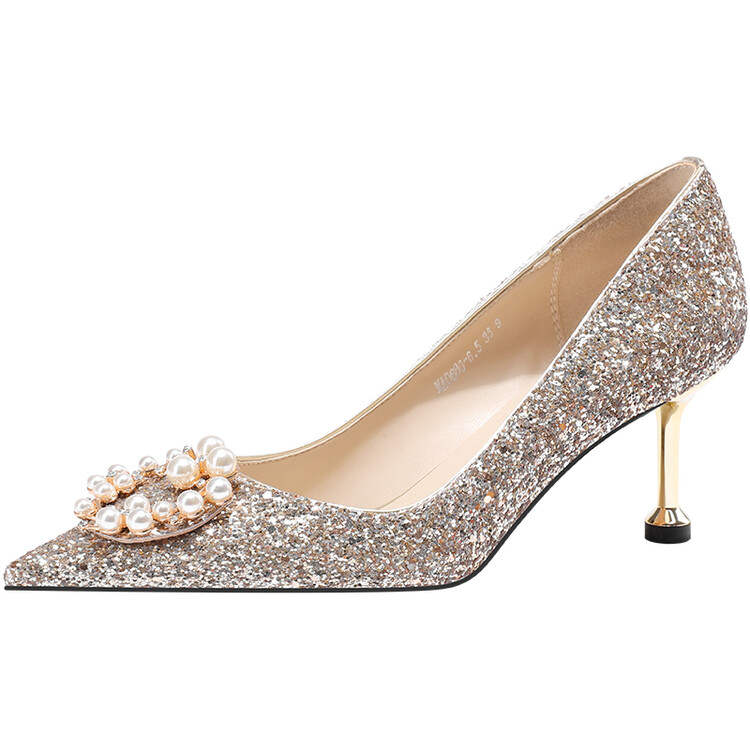 LANMOU Shinny Leather Slim Heel High Heels Women's Rose Gold
