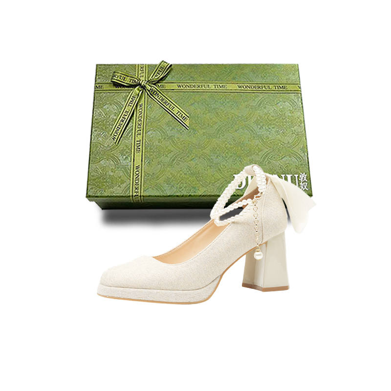 DUNNU Leather Block Heel High Heels Women's Apricot