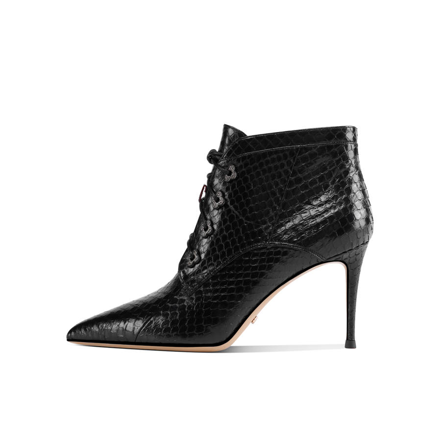 Shesrim Snake Skin Fashion Lace Up Pointed Toe Versatile Fleece Lined Ankle Boots 8.5cm Women's