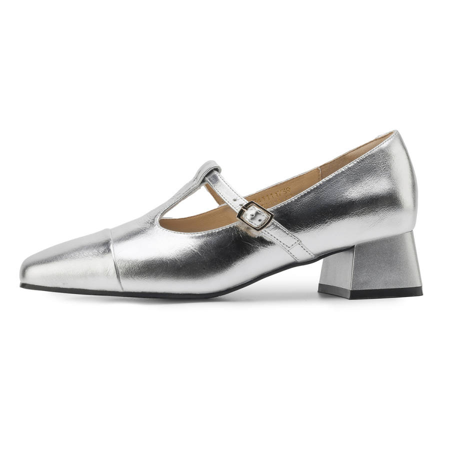 Safiya Chunky Heel Mary Jane Shoes 4cm Women's Silver