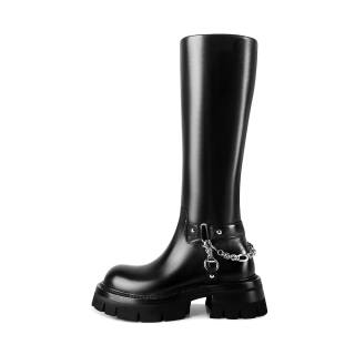 HAOYASENNU Top Grain Cow Leather Knee High Boots 6cm Women's Urban Chic Black
