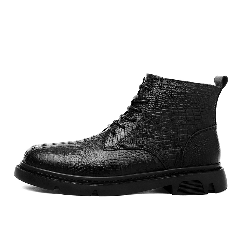 WENNAI Top Grain Cow Leather Short Combat Boots Men's Black
