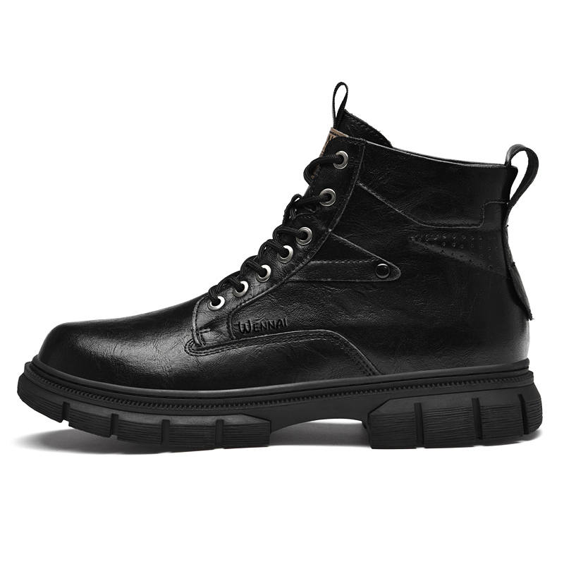 WENNAI Top Grain Cow Leather Short Combat Boots Men's Black
