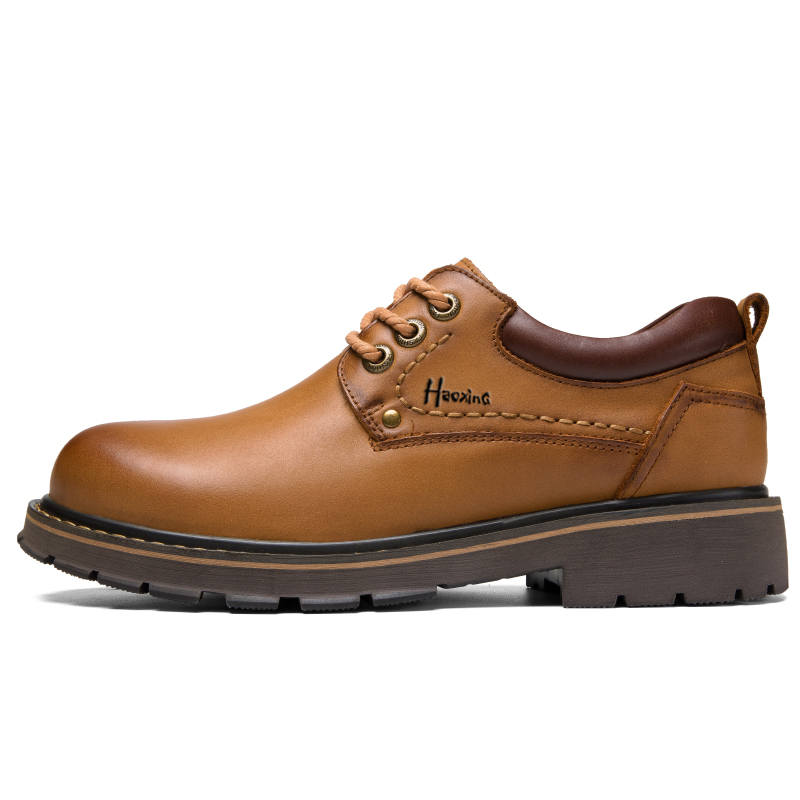HAOXING Top Grain Cow Leather Ankle Length Combat Boots Men's Light Brown