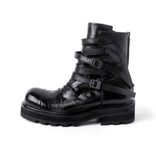 HUANXIANGZHE Top Grain Cow Leather Ankle Boots Unisex Black